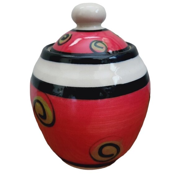 Su Chi Pottery Handmade Red Green Spiral Sugar Honey Pot Bowl w/ Lid - Picture 2 of 6